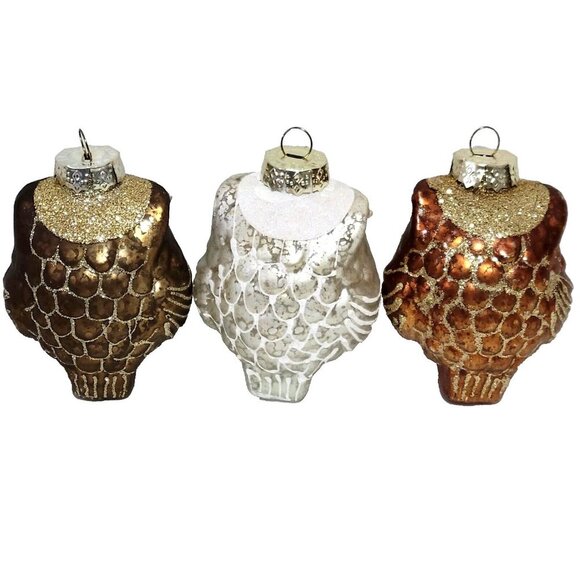Owl Christmas Tree Ornaments Set of 3 Mercury Glass Brown White Bronze Glitter - Picture 2 of 6